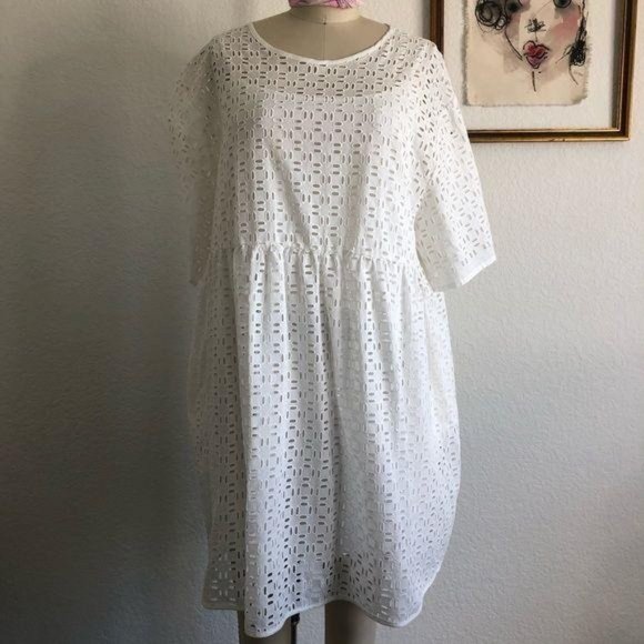 AVN Cotton Eyelet Tent Dress Tessuto Abito Arricci - Picture 3 of 7